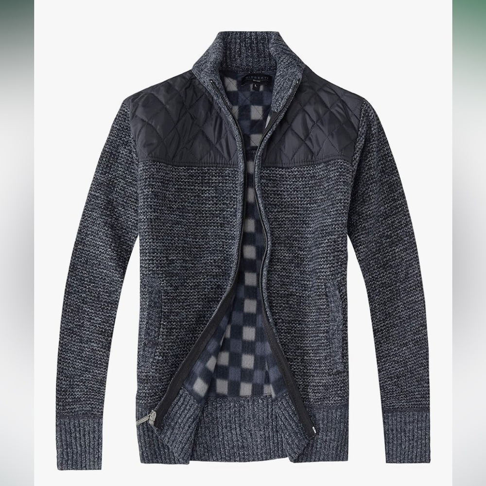 Mens Knitted Regular Fit Full Zip Sweater with Soft Brushed Flannel Lining